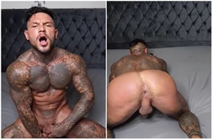 Macho todo tatuado com vibrador no cu cheio de tesão